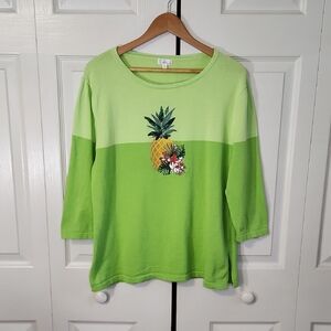 Cabana Cay Womens 2 Tone Green Sweater Size XL Pineapple‎ Sequins Embroidery